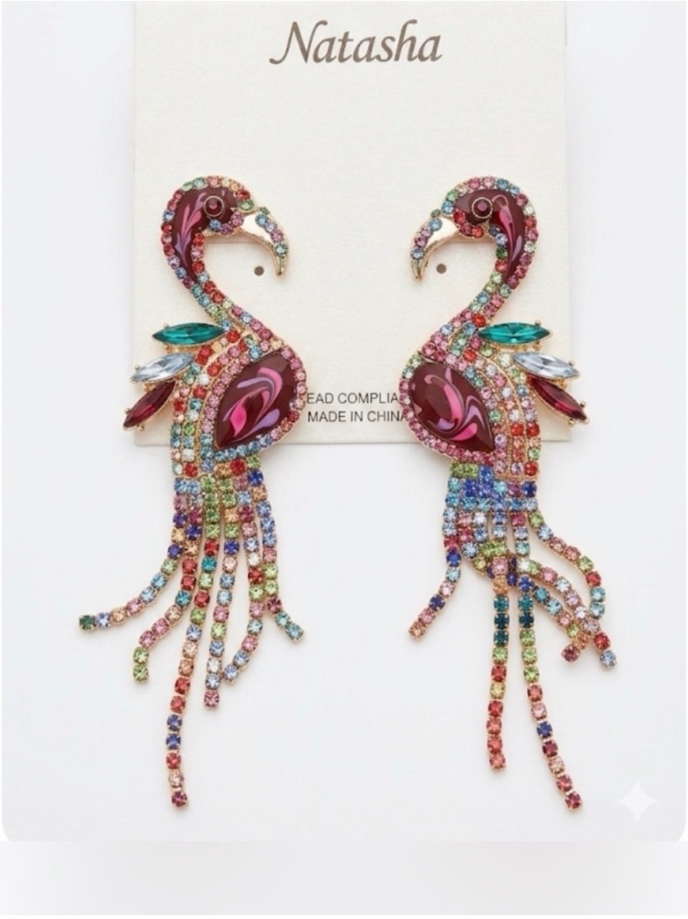 New Natasha Colorful Flamingo Drop Earrings - Red Multi-Color Crystal Fringe - Picture 11 of 14